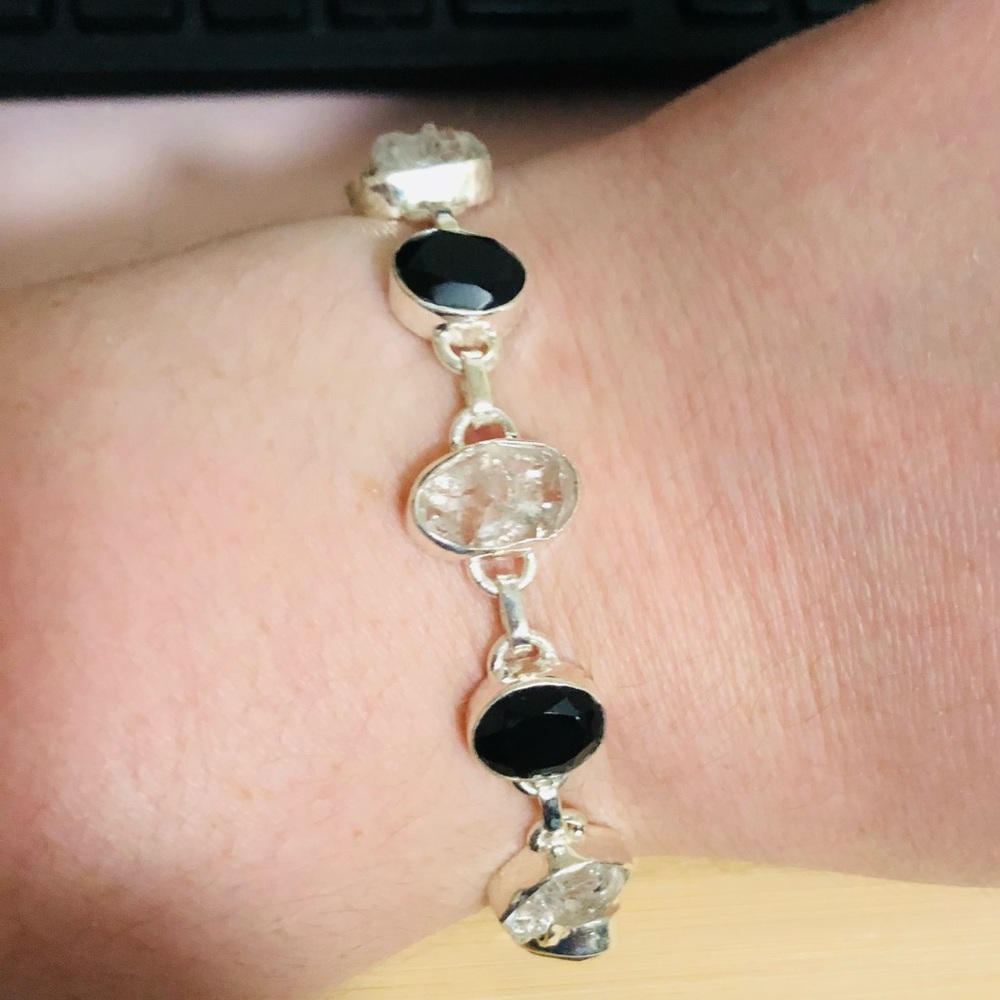 Genuine Sterling Silver Herkimer“diamond” quartz and black tourmaline bracelet